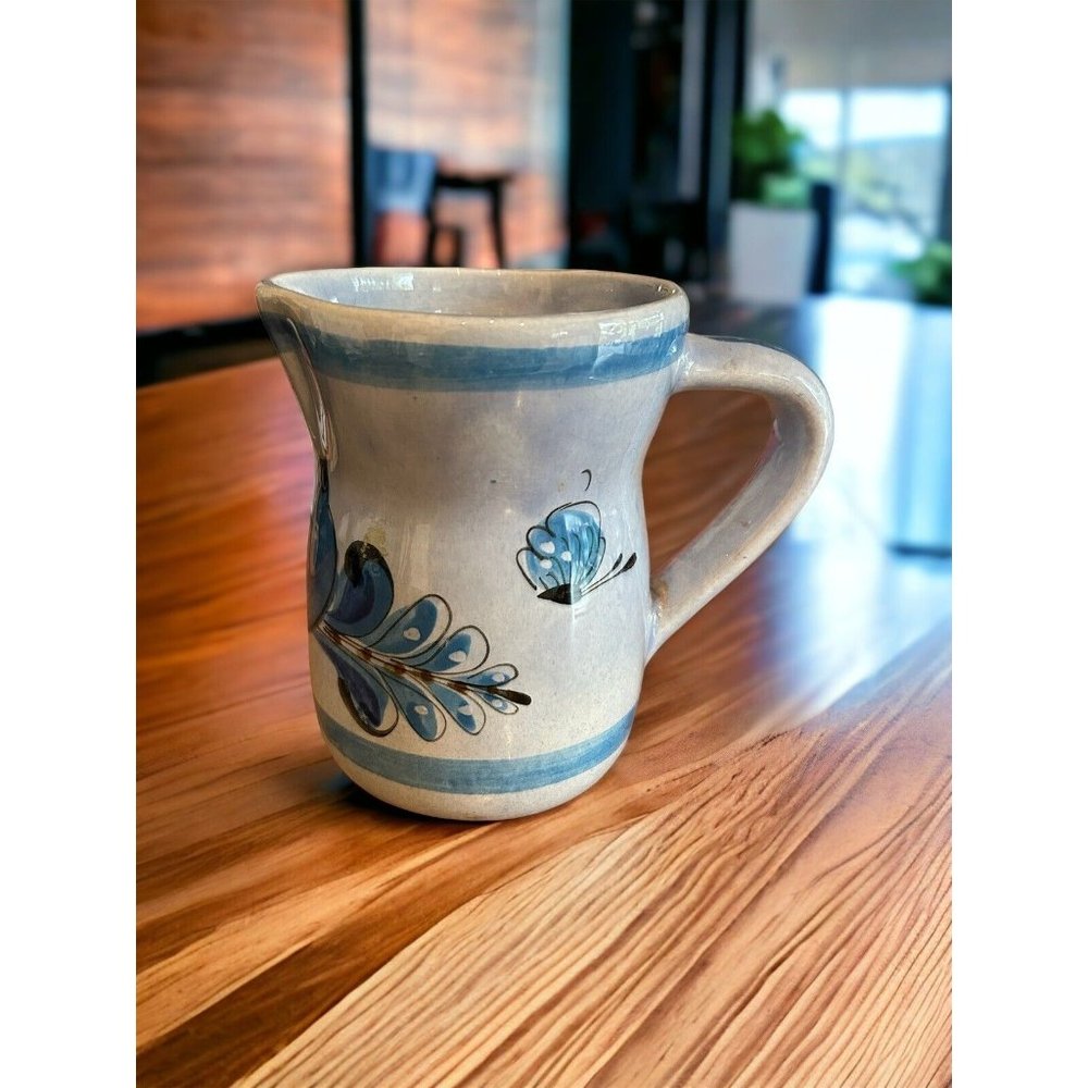 Ken Edwards Tonala Mexico Pottery Pitcher Vintage Blue Bird & Butterfly Read